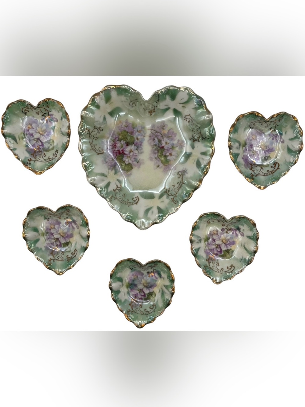 Antique Weimar Porcelain Heart Dish Set 6 Floral Hand Painted Gold Trim Germany